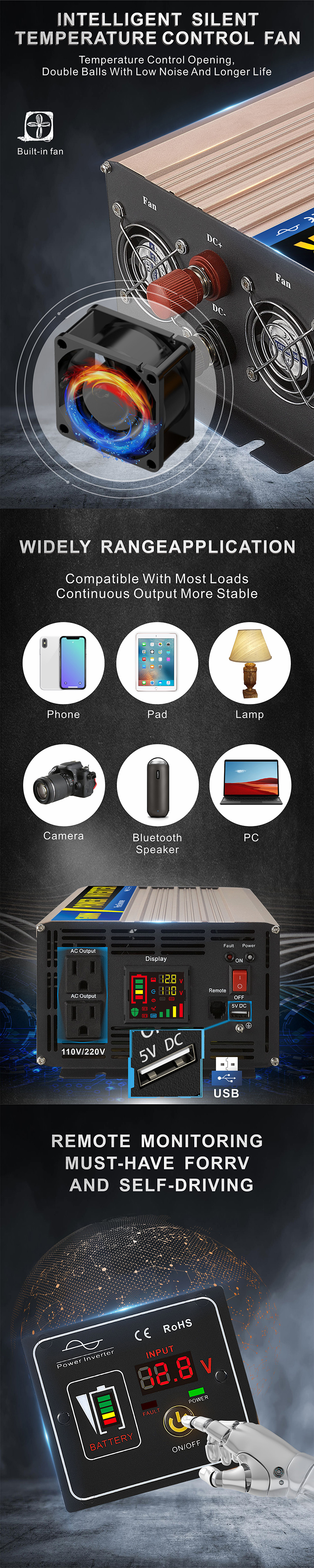 Onduleur de puissance de 1500 watts 12 volts DC &agrave; 110 volts AC